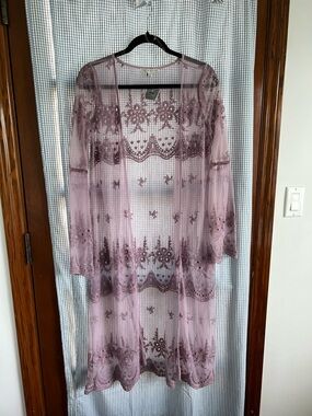 Haute Monde Sheer Lace Embroidered Long Robe - Mauve Pink